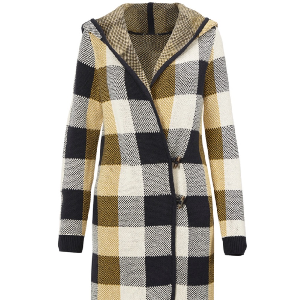 Cabi Plaid Hooded Coat in Navy, White, and Gold
